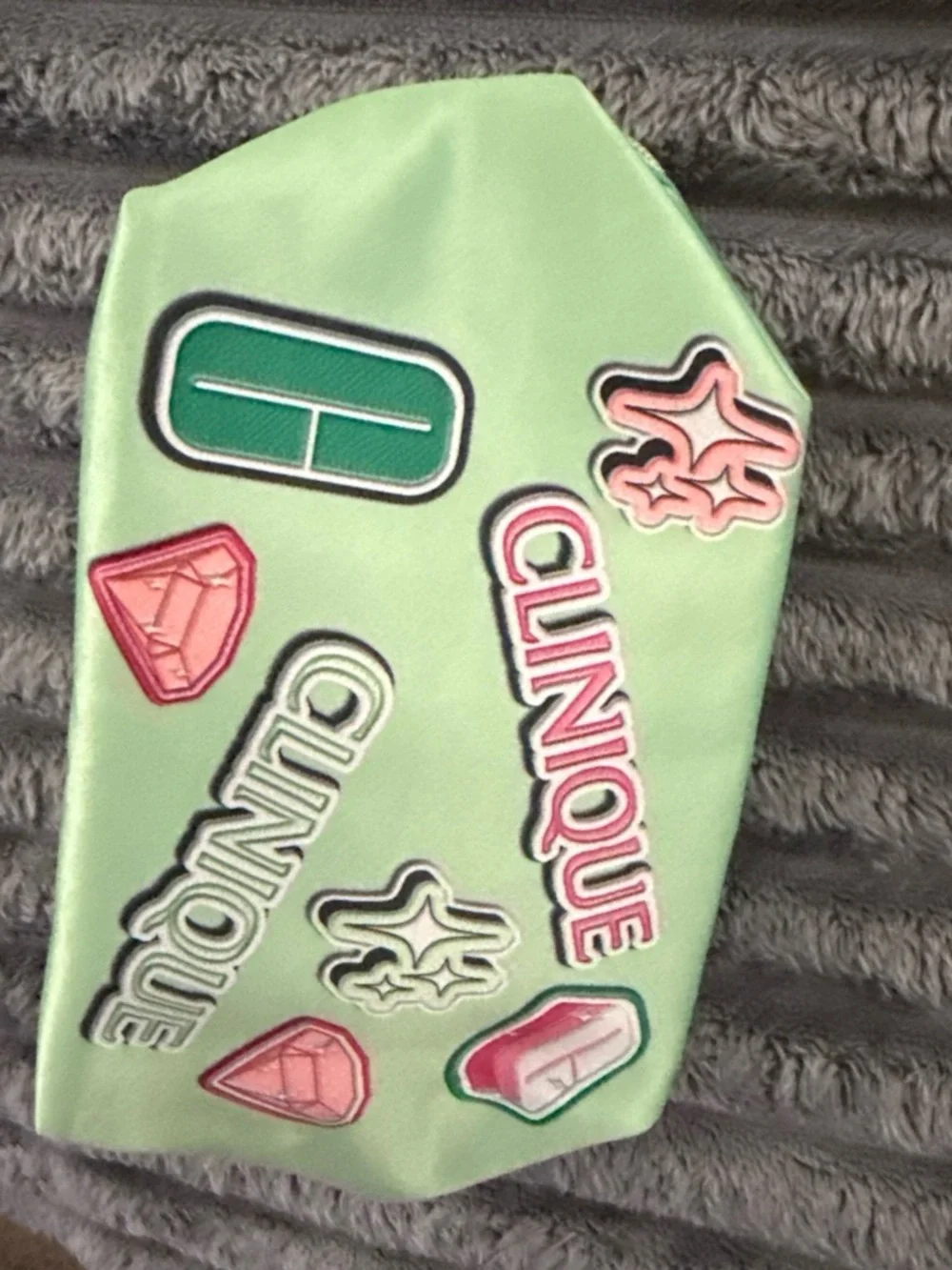Clinique Mint Green Kids Cosmetic Pouch with Pink Accents and Patch Logos